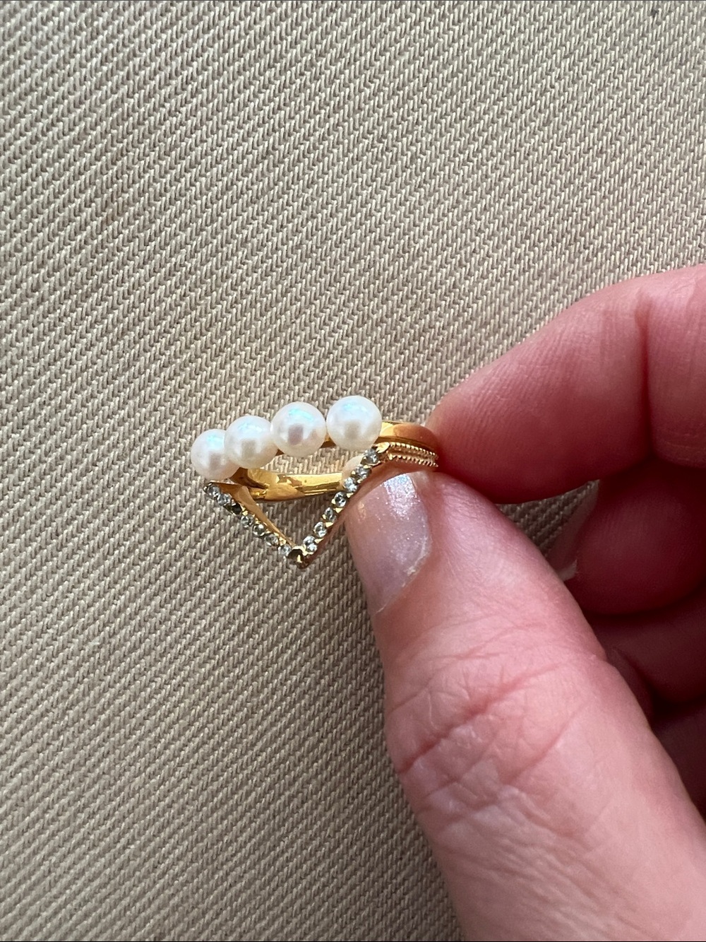 Gold Pearl & Crystal V-Stack Ring - Women Jewelry